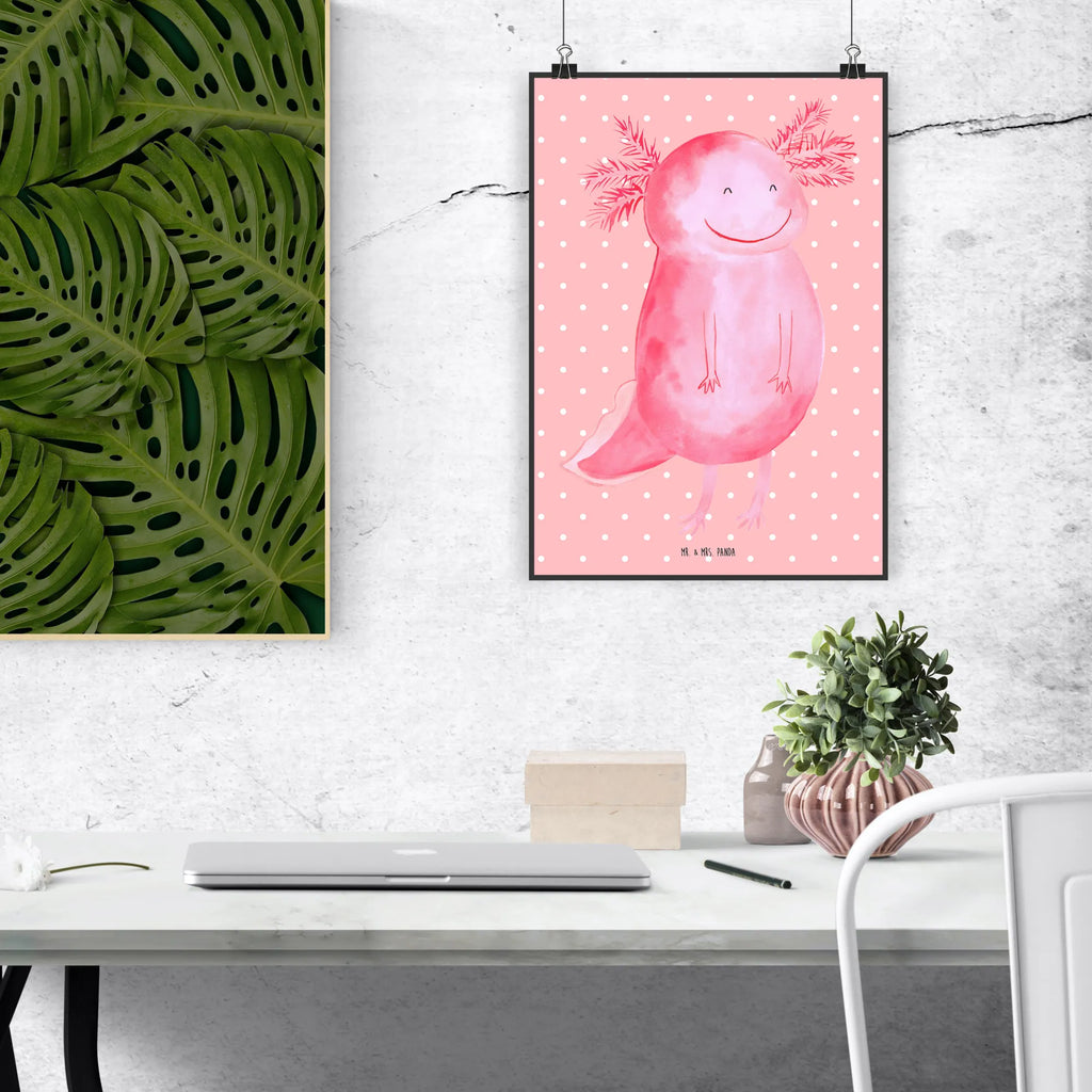 Poster Axolotl Glücklich Poster, Wandposter, Bild, Wanddeko, Küchenposter, Kinderposter, Wanddeko Bild, Raumdekoration, Wanddekoration, Handgemaltes Poster, Mr. & Mrs. Panda Poster, Designposter, Kunstdruck, Posterdruck, Axolotl, Molch, Axolot, Schwanzlurch, Lurch, Lurche, Motivation, gute Laune