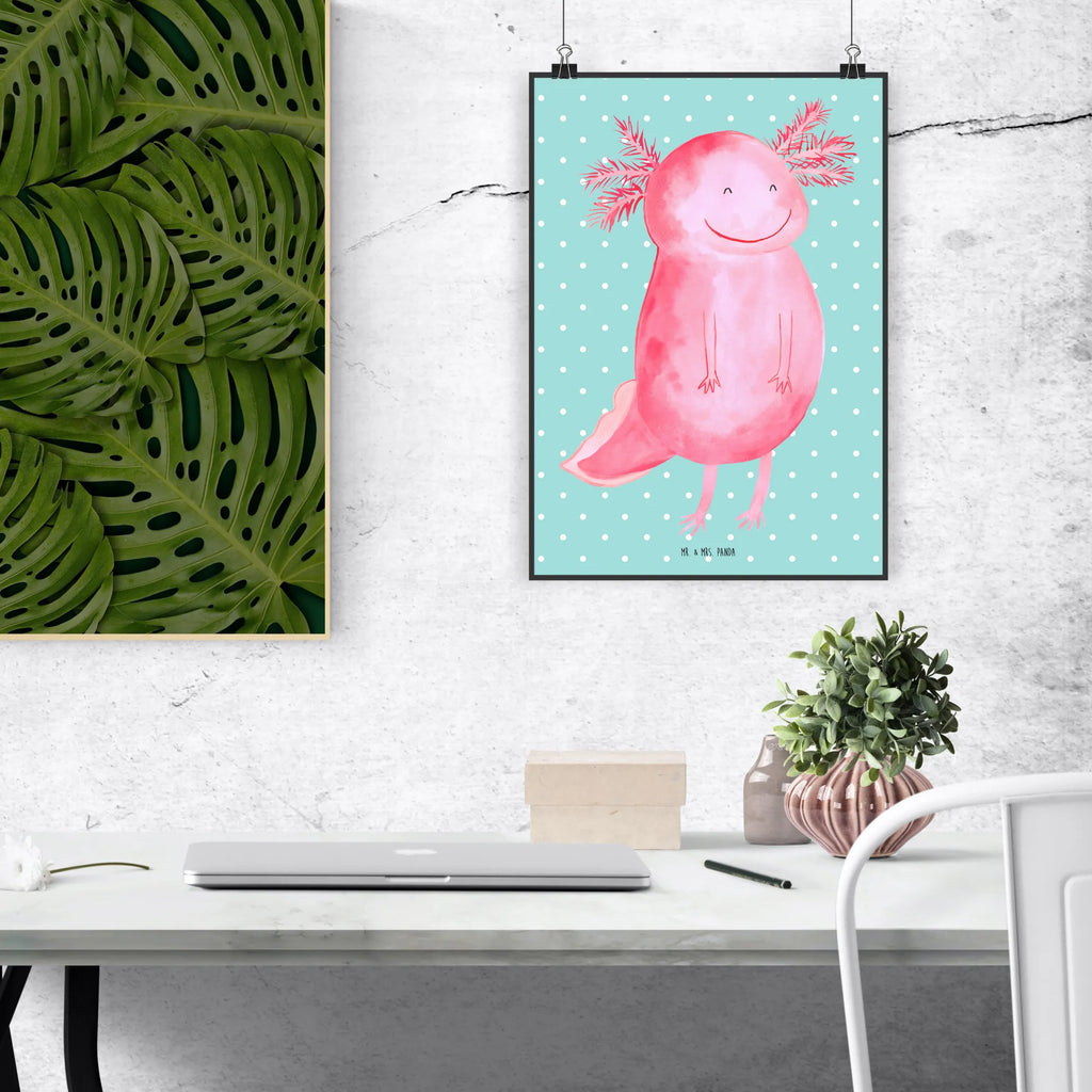 Poster Axolotl Glücklich Poster, Wandposter, Bild, Wanddeko, Küchenposter, Kinderposter, Wanddeko Bild, Raumdekoration, Wanddekoration, Handgemaltes Poster, Mr. & Mrs. Panda Poster, Designposter, Kunstdruck, Posterdruck, Axolotl, Molch, Axolot, Schwanzlurch, Lurch, Lurche, Motivation, gute Laune