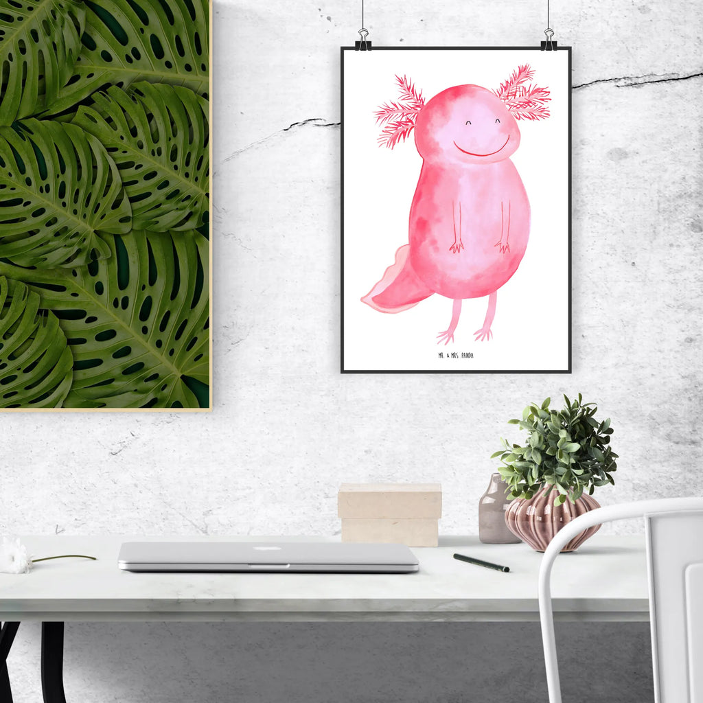 Poster Axolotl Glücklich Poster, Wandposter, Bild, Wanddeko, Küchenposter, Kinderposter, Wanddeko Bild, Raumdekoration, Wanddekoration, Handgemaltes Poster, Mr. & Mrs. Panda Poster, Designposter, Kunstdruck, Posterdruck, Axolotl, Molch, Axolot, Schwanzlurch, Lurch, Lurche, Motivation, gute Laune