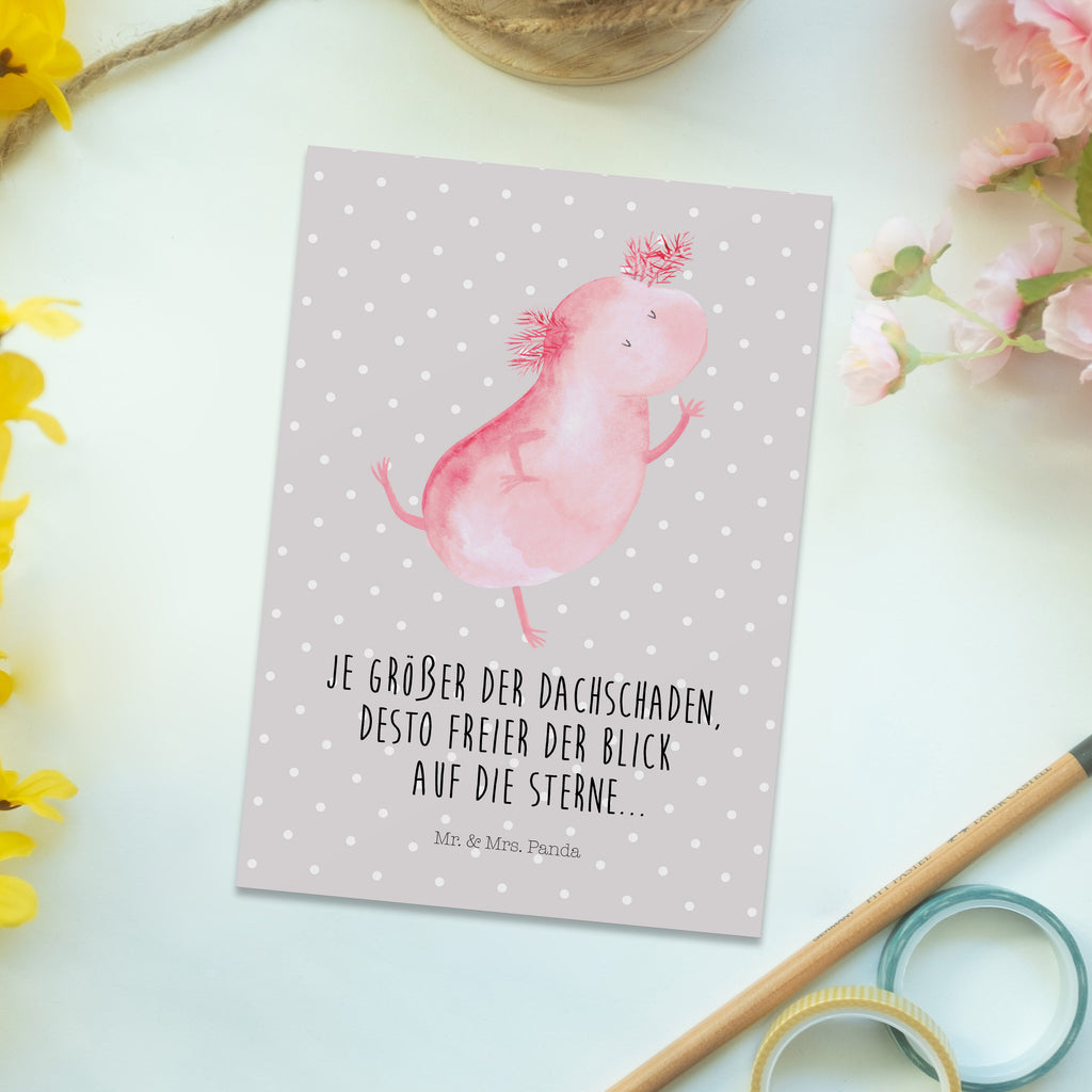 Postkarte Axolotl Tanzen Postkarte, Karte, Geschenkkarte, Grußkarte, Einladung, Ansichtskarte, Geburtstagskarte, Einladungskarte, Dankeskarte, Ansichtskarten, Einladung Geburtstag, Einladungskarten Geburtstag, Axolotl, Molch, Axolot, Schwanzlurch, Lurch, Lurche, Dachschaden, Sterne, verrückt, Freundin, beste Freundin