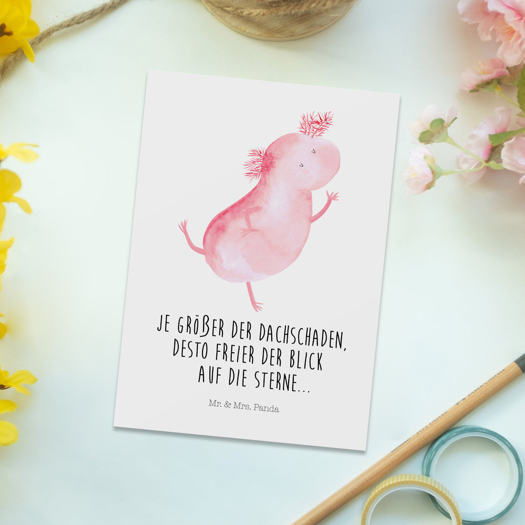 Postkarte Axolotl Tanzen Postkarte, Karte, Geschenkkarte, Grußkarte, Einladung, Ansichtskarte, Geburtstagskarte, Einladungskarte, Dankeskarte, Ansichtskarten, Einladung Geburtstag, Einladungskarten Geburtstag, Axolotl, Molch, Axolot, Schwanzlurch, Lurch, Lurche, Dachschaden, Sterne, verrückt, Freundin, beste Freundin