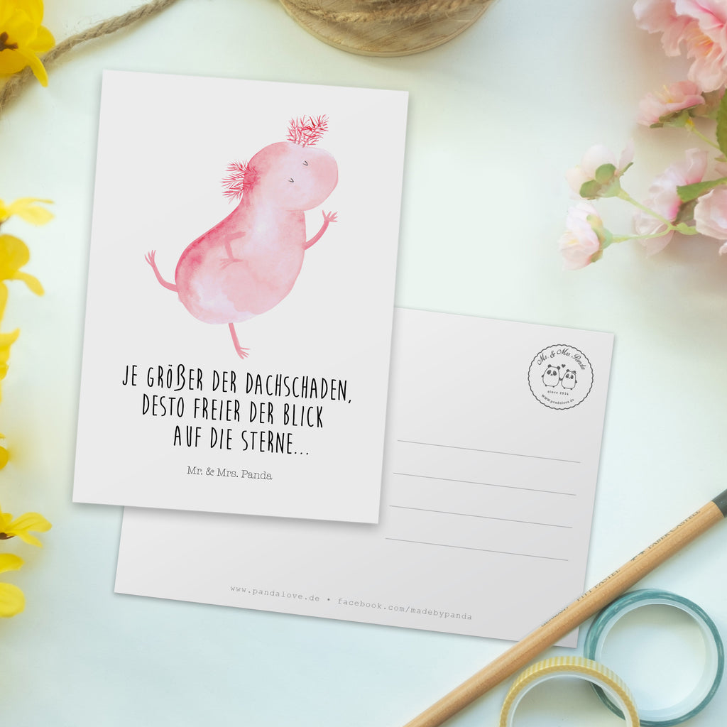 Postkarte Axolotl Tanzen Postkarte, Karte, Geschenkkarte, Grußkarte, Einladung, Ansichtskarte, Geburtstagskarte, Einladungskarte, Dankeskarte, Ansichtskarten, Einladung Geburtstag, Einladungskarten Geburtstag, Axolotl, Molch, Axolot, Schwanzlurch, Lurch, Lurche, Dachschaden, Sterne, verrückt, Freundin, beste Freundin