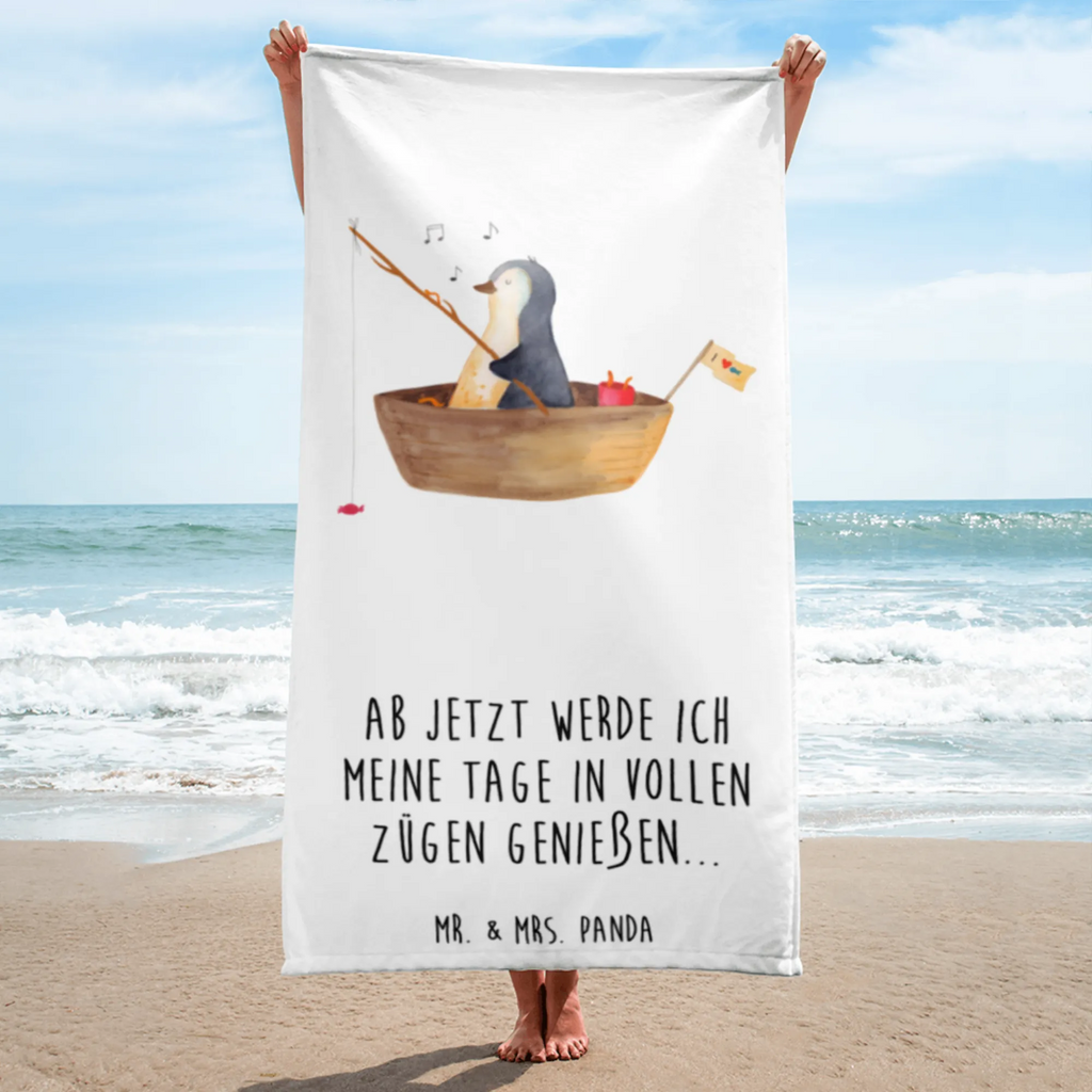 XL Badehandtuch Pinguin Angelboot Handtuch, Badetuch, Duschtuch, Strandtuch, Saunatuch, Pinguin, Pinguine, Angeln, Boot, Angelboot, Lebenslust, Leben, genießen, Motivation, Neustart, Neuanfang, Trennung, Scheidung, Geschenkidee Liebeskummer