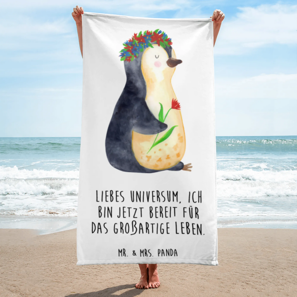 XL Badehandtuch Pinguin Blumenkranz Handtuch, Badetuch, Duschtuch, Strandtuch, Saunatuch, Pinguin, Pinguine, Blumenkranz, Universum, Leben, Wünsche, Ziele, Lebensziele, Motivation, Lebenslust, Liebeskummer, Geschenkidee