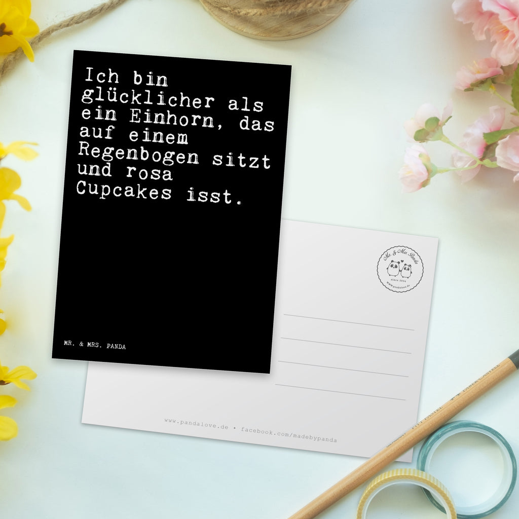 Postkarte Sprüche und Zitate Ich bin glücklicher als ein Einhorn, das auf einem Regenbogen sitzt und rosa Cupcakes isst. Postkarte, Karte, Geschenkkarte, Grußkarte, Einladung, Ansichtskarte, Geburtstagskarte, Einladungskarte, Dankeskarte, Ansichtskarten, Einladung Geburtstag, Einladungskarten Geburtstag, Spruch, Sprüche, lustige Sprüche, Weisheiten, Zitate, Spruch Geschenke, Spruch Sprüche Weisheiten Zitate Lustig Weisheit Worte