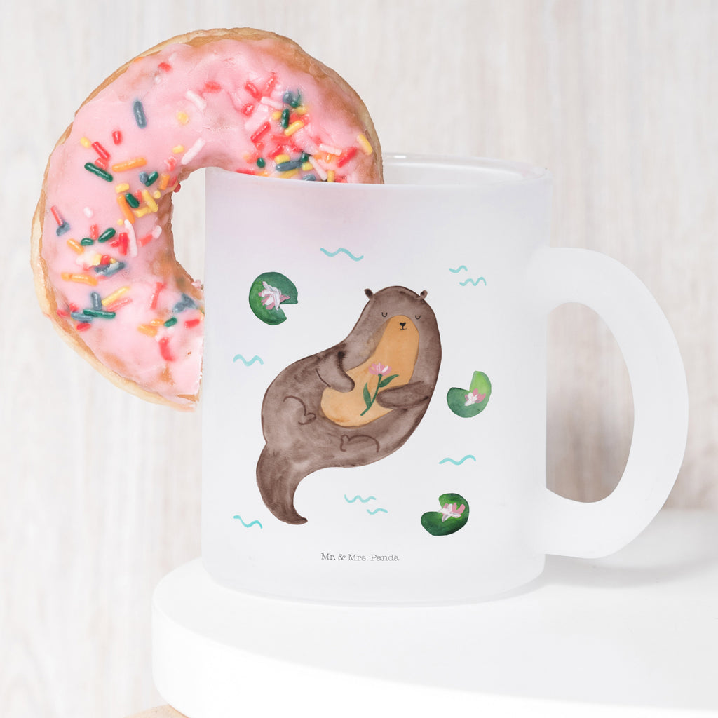 Teetasse Otter mit Seerose Teetasse, Teeglas, Teebecher, Tasse mit Henkel, Tasse, Glas Teetasse, Teetasse aus Glas, Otter, Fischotter, Seeotter, Otter Seeotter See Otter