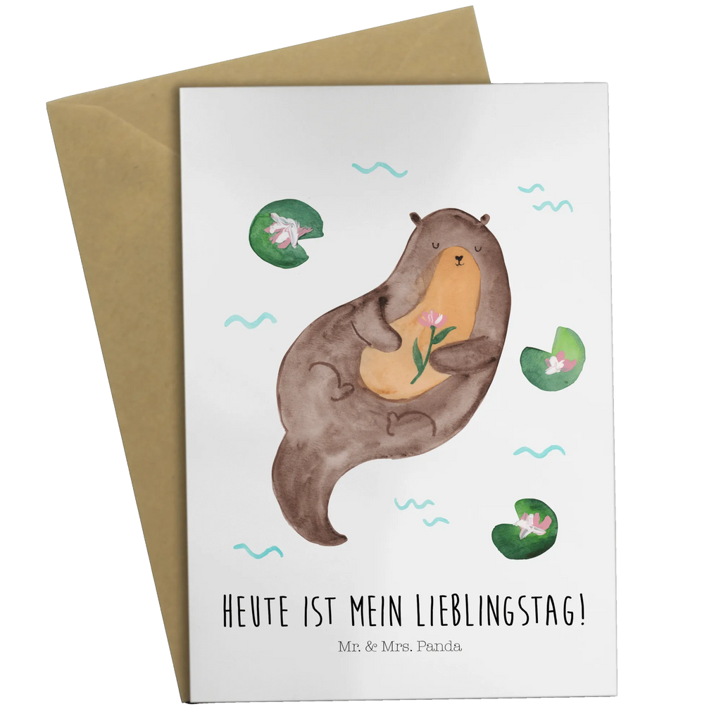 Grußkarte Otter mit Seerose Grußkarte, Klappkarte, Einladungskarte, Glückwunschkarte, Hochzeitskarte, Geburtstagskarte, Karte, Ansichtskarten, Otter, Fischotter, Seeotter, Otter Seeotter See Otter