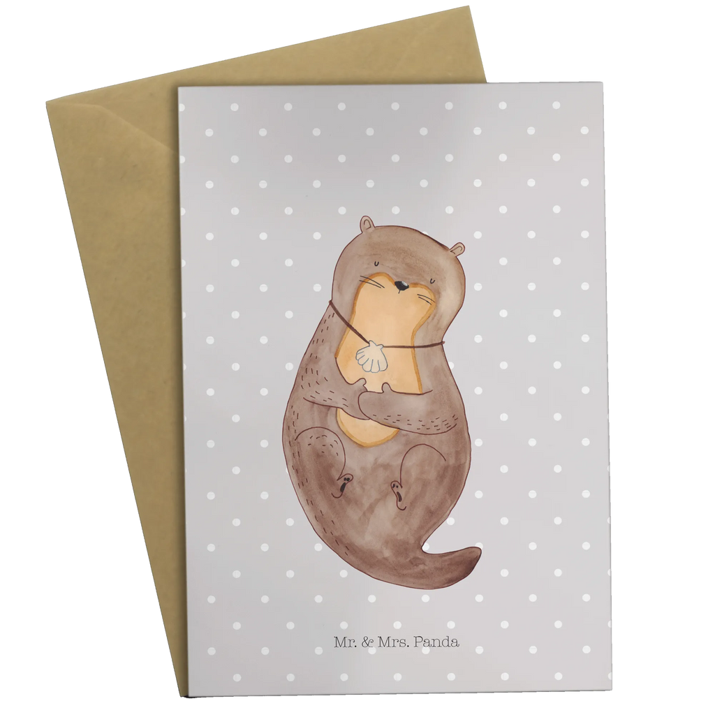 Grußkarte Otter mit Muschelmedaillon Grußkarte, Klappkarte, Einladungskarte, Glückwunschkarte, Hochzeitskarte, Geburtstagskarte, Karte, Ansichtskarten, Otter, Fischotter, Seeotter, Otterliebe, grübeln, träumen, Motivation, Tagträumen, Büro