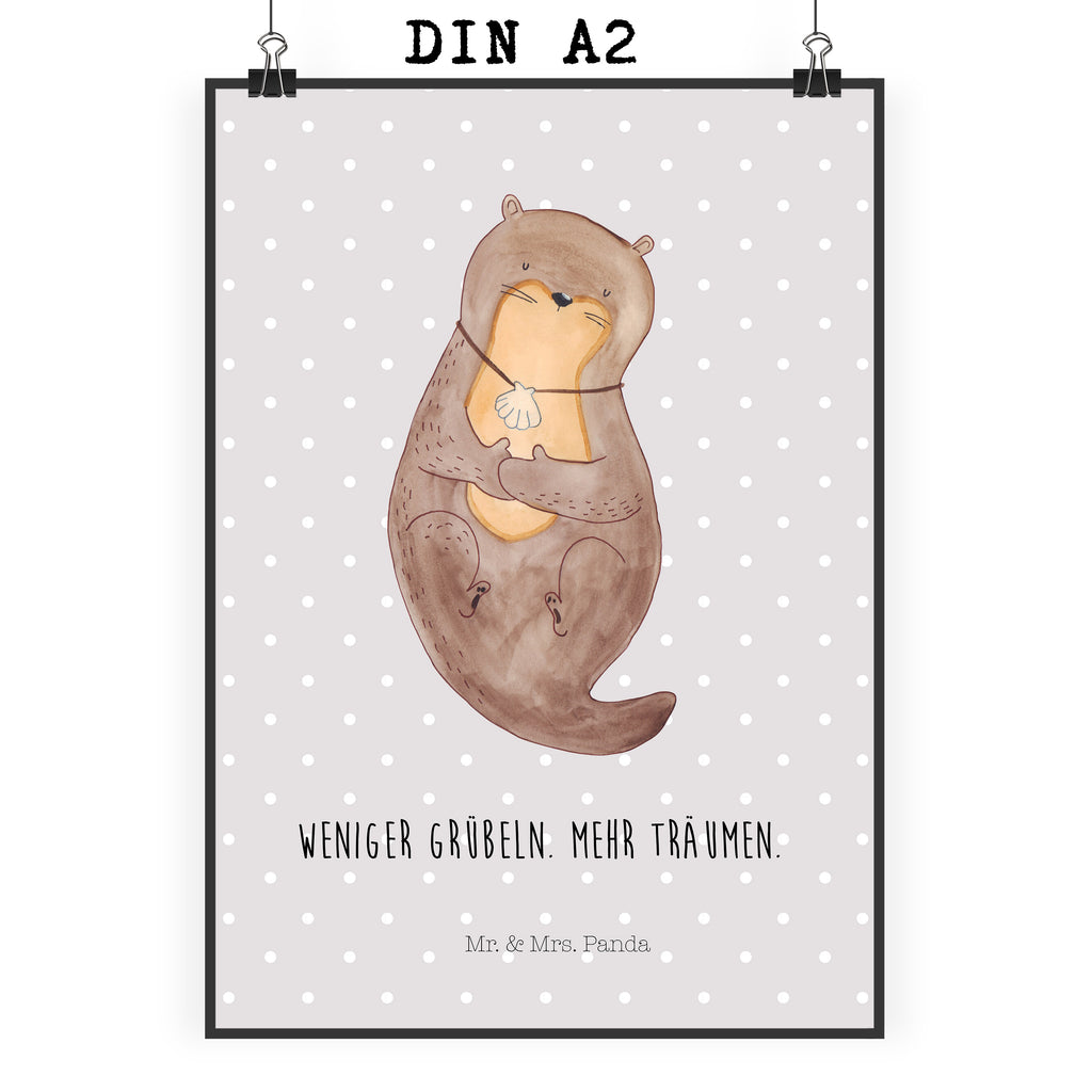 Poster Otter Muschel Poster, Wandposter, Bild, Wanddeko, Küchenposter, Kinderposter, Wanddeko Bild, Raumdekoration, Wanddekoration, Handgemaltes Poster, Mr. & Mrs. Panda Poster, Designposter, Kunstdruck, Posterdruck, Otter, Fischotter, Seeotter, Otterliebe, grübeln, träumen, Motivation, Tagträumen, Büro