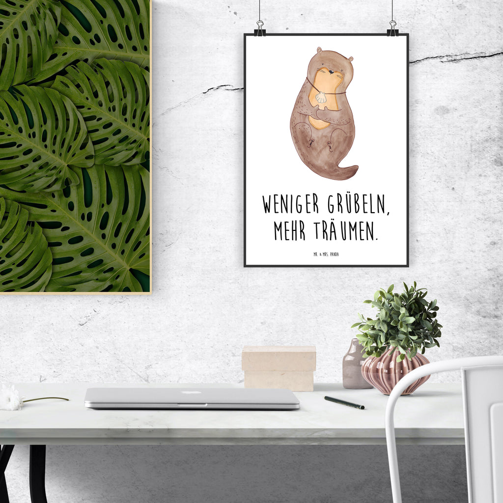 Poster Otter Muschel Poster, Wandposter, Bild, Wanddeko, Küchenposter, Kinderposter, Wanddeko Bild, Raumdekoration, Wanddekoration, Handgemaltes Poster, Mr. & Mrs. Panda Poster, Designposter, Kunstdruck, Posterdruck, Otter, Fischotter, Seeotter, Otterliebe, grübeln, träumen, Motivation, Tagträumen, Büro