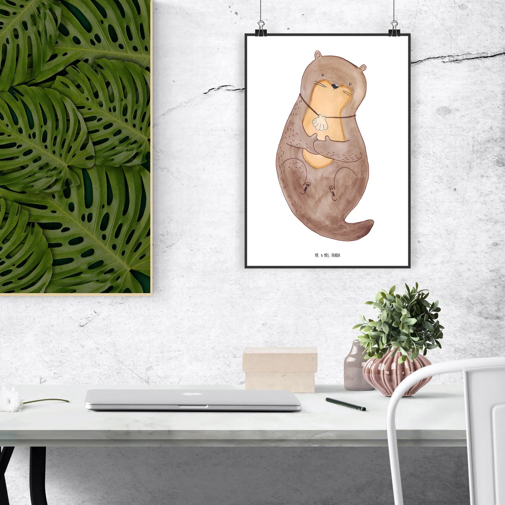 Poster Otter Muschel Poster, Wandposter, Bild, Wanddeko, Küchenposter, Kinderposter, Wanddeko Bild, Raumdekoration, Wanddekoration, Handgemaltes Poster, Mr. & Mrs. Panda Poster, Designposter, Kunstdruck, Posterdruck, Otter, Fischotter, Seeotter, Otterliebe, grübeln, träumen, Motivation, Tagträumen, Büro