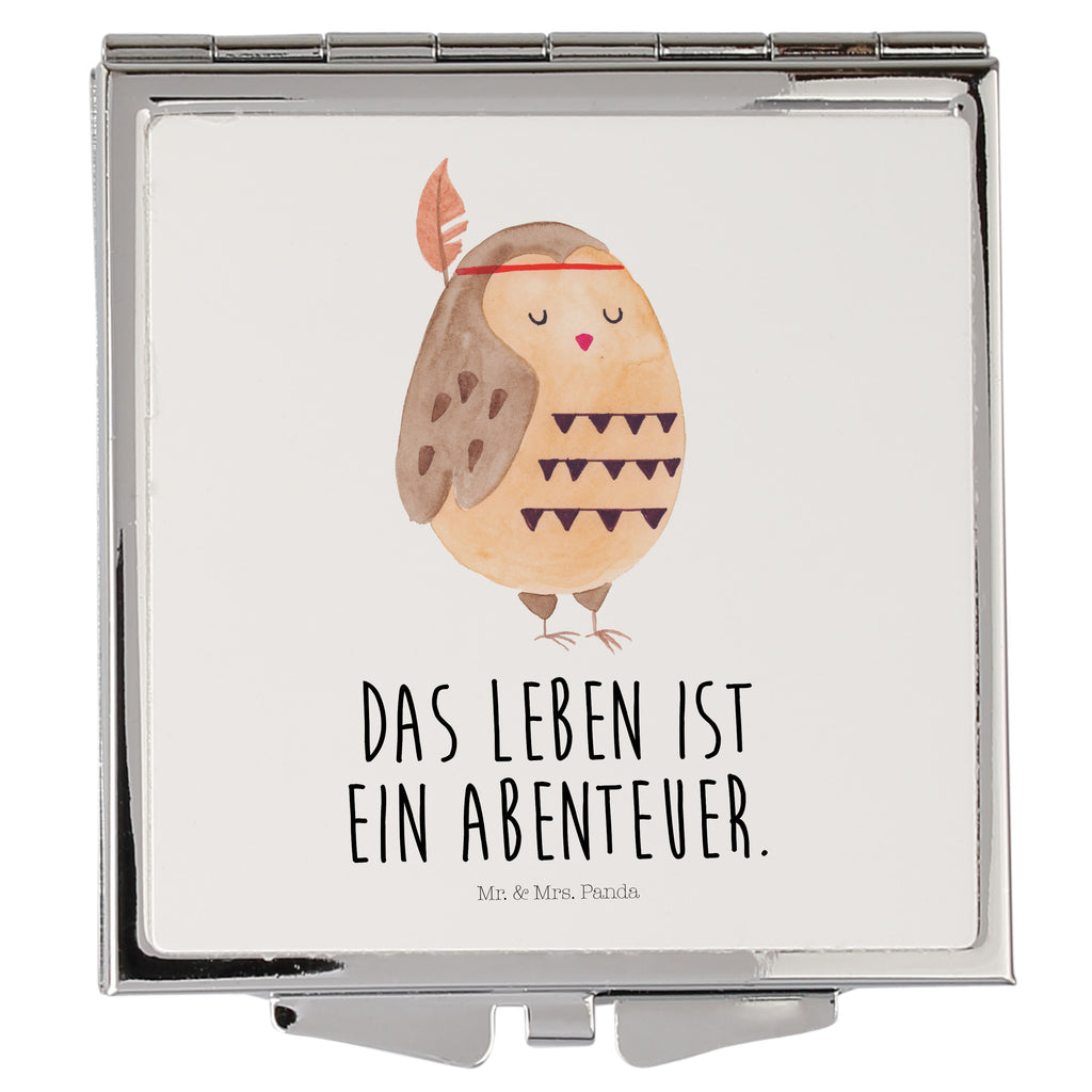 Handtaschenspiegel quadratisch Eule Federschmuck Spiegel, Handtasche, Quadrat, silber, schminken, Schminkspiegel, Eule, Eule Deko, Owl, Das Leben ist ein Abenteuer, Reisespruch, Federschmuck, Dekoration