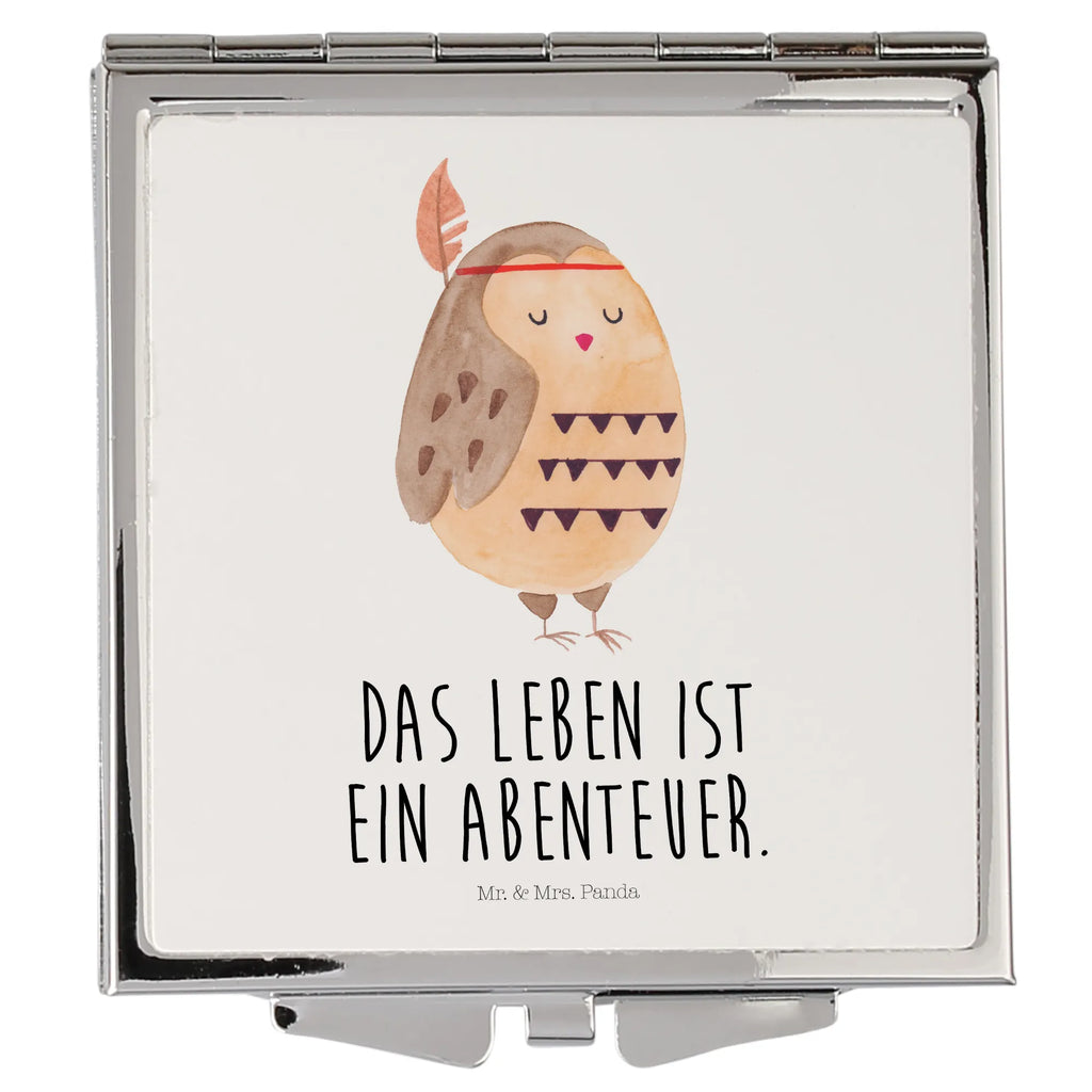 Handtaschenspiegel quadratisch Eule Federschmuck Spiegel, Handtasche, Quadrat, silber, schminken, Schminkspiegel, Eule, Eule Deko, Owl, Das Leben ist ein Abenteuer, Reisespruch, Federschmuck, Dekoration