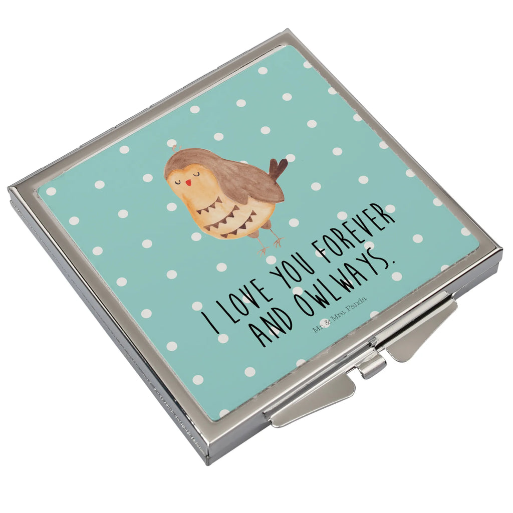 Handtaschenspiegel quadratisch Eule Zufrieden Spiegel, Handtasche, Quadrat, silber, schminken, Schminkspiegel, Eule, Eule Spruch, Eule deko, Owl, Liebe Spruch, Romantisch, Wortspiel lustig, Spruch schön, Geschenk Hochzeitstag