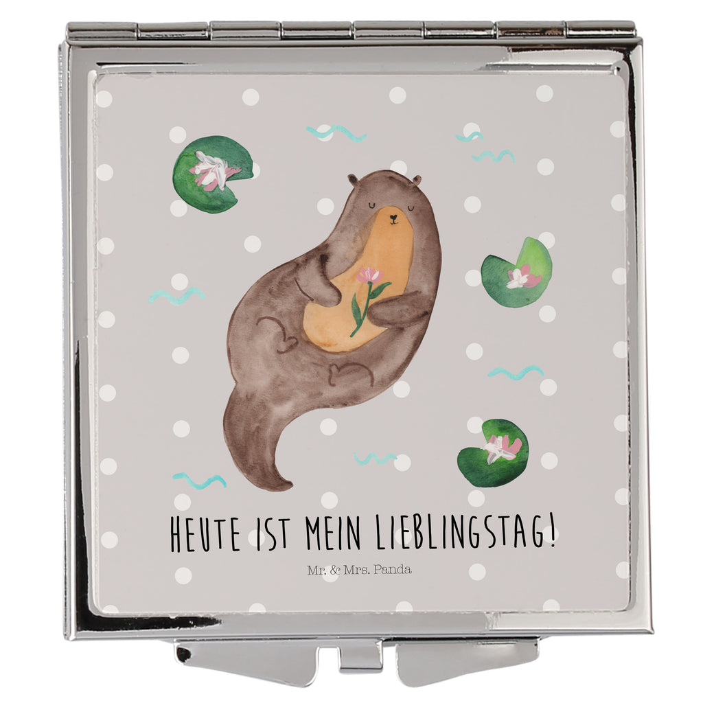 Handtaschenspiegel quadratisch Otter Seerose Spiegel, Handtasche, Quadrat, silber, schminken, Schminkspiegel, Otter, Fischotter, Seeotter, Otter Seeotter See Otter