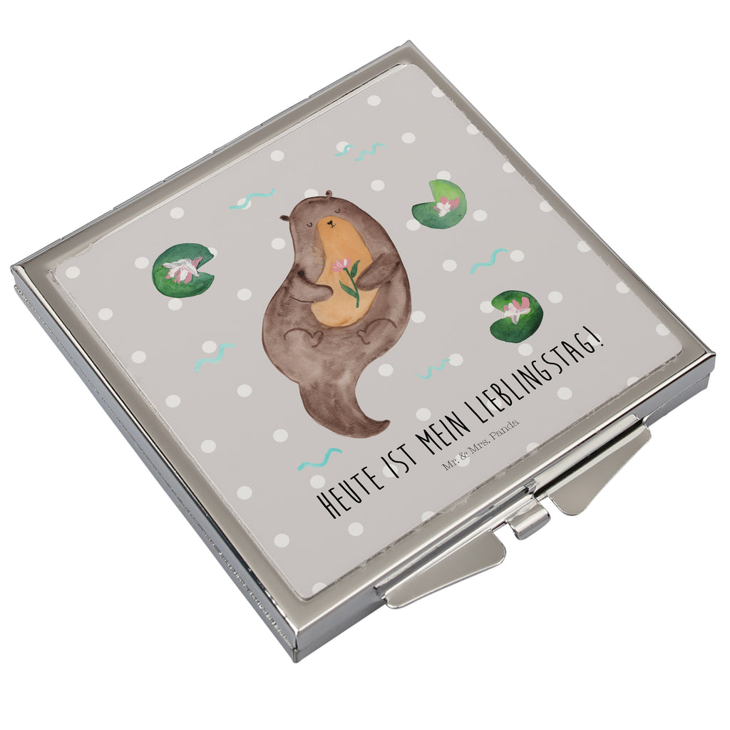 Handtaschenspiegel quadratisch Otter Seerose Spiegel, Handtasche, Quadrat, silber, schminken, Schminkspiegel, Otter, Fischotter, Seeotter, Otter Seeotter See Otter