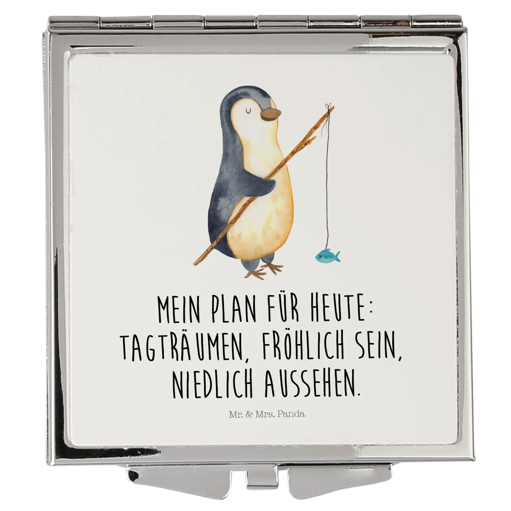 Handtaschenspiegel quadratisch Pinguin Angler Spiegel, Handtasche, Quadrat, silber, schminken, Schminkspiegel, Pinguin, Pinguine, Angeln, Angler, Tagträume, Hobby, Plan, Planer, Tagesplan, Neustart, Motivation, Geschenk, Freundinnen, Geschenkidee, Urlaub, Wochenende