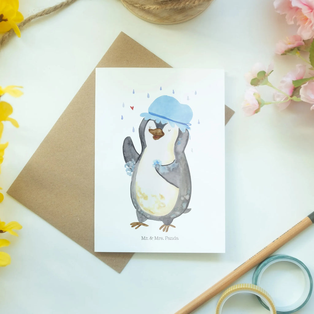 Grußkarte Pinguin Duschen Grußkarte, Klappkarte, Einladungskarte, Glückwunschkarte, Hochzeitskarte, Geburtstagskarte, Karte, Ansichtskarten, Pinguin, Pinguine, Dusche, duschen, Lebensmotto, Motivation, Neustart, Neuanfang, glücklich sein