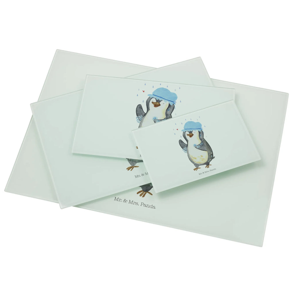 Glasschneidebrett Pinguin Duschen Glasschneidebrett, Schneidebrett, Frühstücksbrett, Küche, Pinguin, Pinguine, Dusche, duschen, Lebensmotto, Motivation, Neustart, Neuanfang, glücklich sein