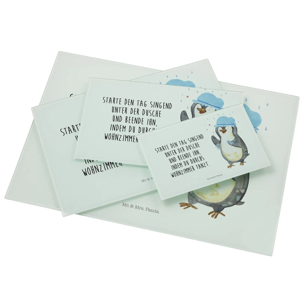 Glasschneidebrett Pinguin Duschen Glasschneidebrett, Schneidebrett, Frühstücksbrett, Küche, Pinguin, Pinguine, Dusche, duschen, Lebensmotto, Motivation, Neustart, Neuanfang, glücklich sein