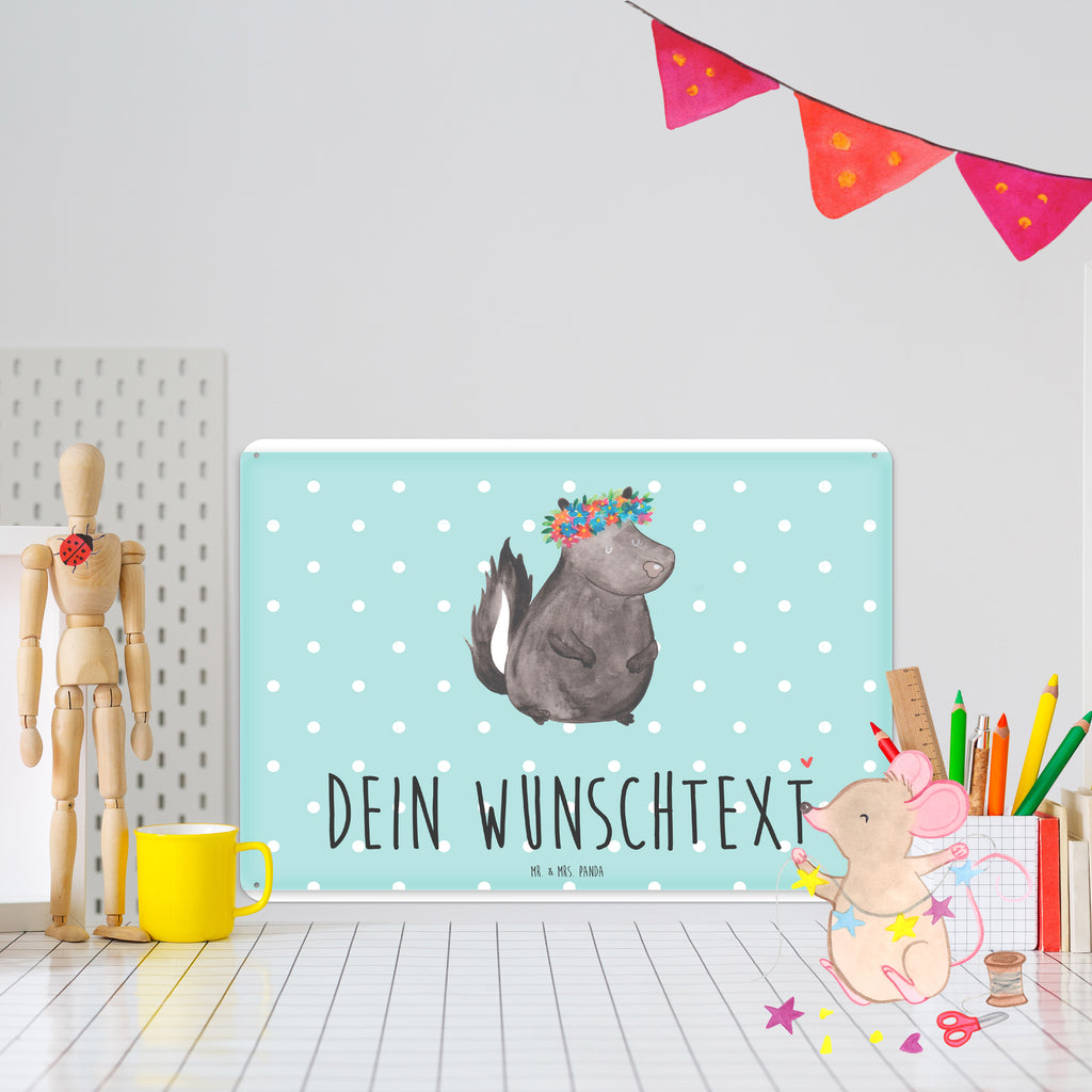 Personalisiertes Blechschild Stinktier Blumenmaedchen Blechschild, Metallschild, Geschenk Schild, Schild, Magnet-Metall-Schild, Deko Schild, Wandschild, Wand-Dekoration, Türschild, Stinktier, Skunk, Wildtier, Raubtier, Stinker, Stinki, Yoga, Namaste, Lebe, Liebe, Lache