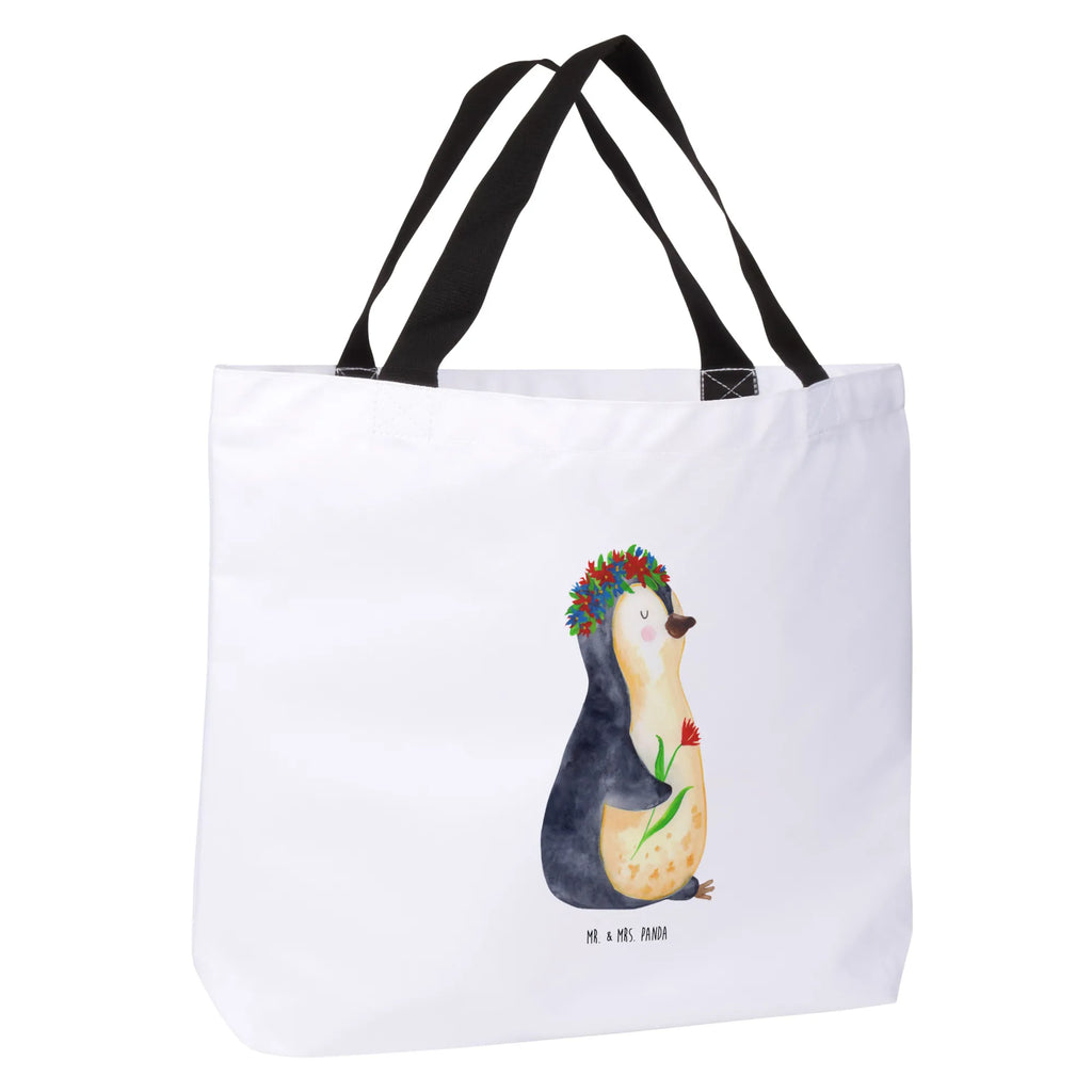 Shopper Pinguin Blumen Beutel, Einkaufstasche, Tasche, Strandtasche, Einkaufsbeutel, Shopper, Schultasche, Freizeittasche, Tragebeutel, Schulbeutel, Alltagstasche, Pinguin, Pinguine, Blumenkranz, Universum, Leben, Wünsche, Ziele, Lebensziele, Motivation, Lebenslust, Liebeskummer, Geschenkidee