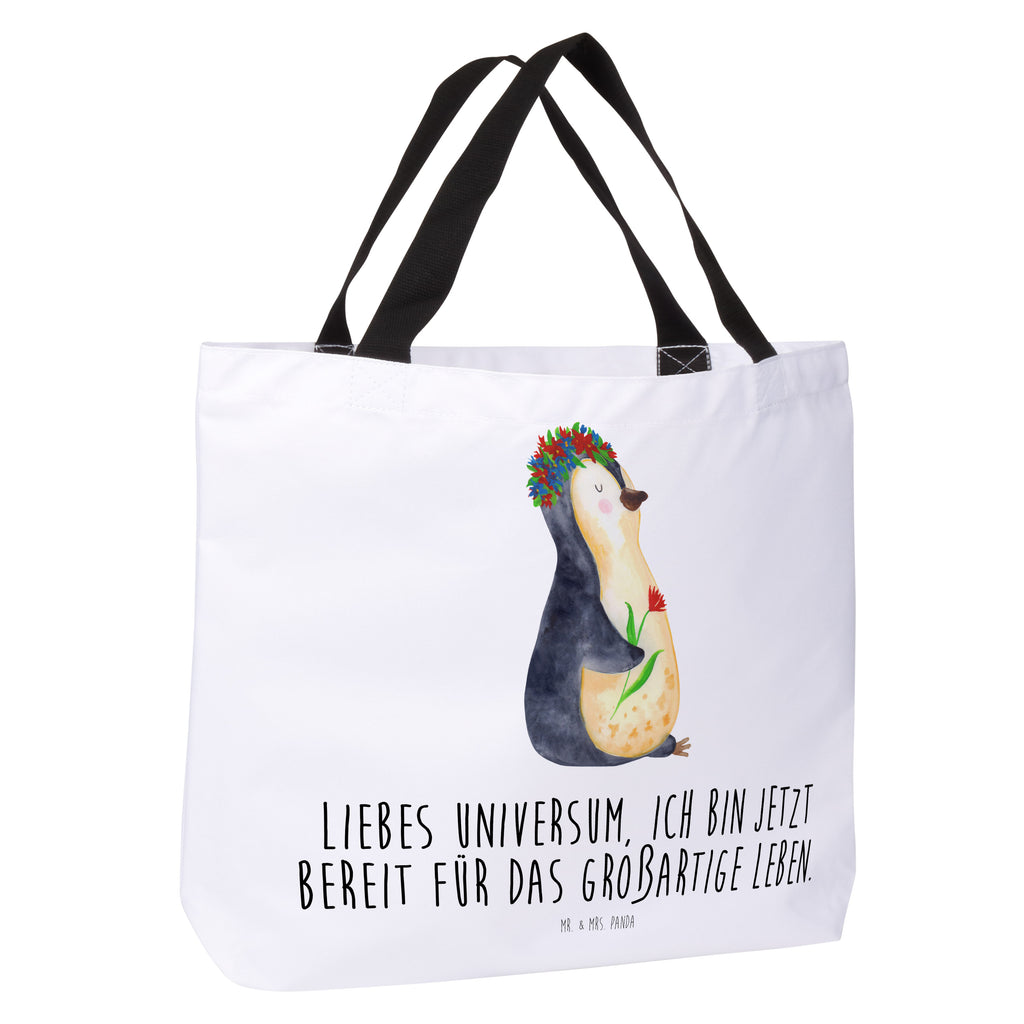 Shopper Pinguin Blumen Beutel, Einkaufstasche, Tasche, Strandtasche, Einkaufsbeutel, Shopper, Schultasche, Freizeittasche, Tragebeutel, Schulbeutel, Alltagstasche, Pinguin, Pinguine, Blumenkranz, Universum, Leben, Wünsche, Ziele, Lebensziele, Motivation, Lebenslust, Liebeskummer, Geschenkidee