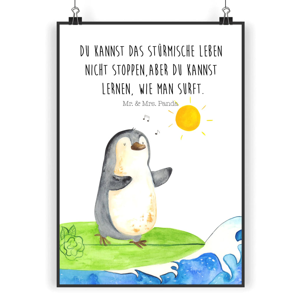 Poster Pinguin Surfer Poster, Wandposter, Bild, Wanddeko, Küchenposter, Kinderposter, Wanddeko Bild, Raumdekoration, Wanddekoration, Handgemaltes Poster, Mr. & Mrs. Panda Poster, Designposter, Kunstdruck, Posterdruck, Pinguin, Pinguine, surfen, Surfer, Hawaii, Urlaub, Wellen, Wellen reiten, Portugal