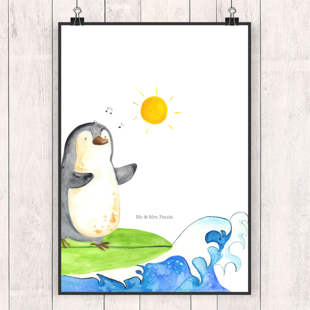 Poster Pinguin Surfer Poster, Wandposter, Bild, Wanddeko, Küchenposter, Kinderposter, Wanddeko Bild, Raumdekoration, Wanddekoration, Handgemaltes Poster, Mr. & Mrs. Panda Poster, Designposter, Kunstdruck, Posterdruck, Pinguin, Pinguine, surfen, Surfer, Hawaii, Urlaub, Wellen, Wellen reiten, Portugal