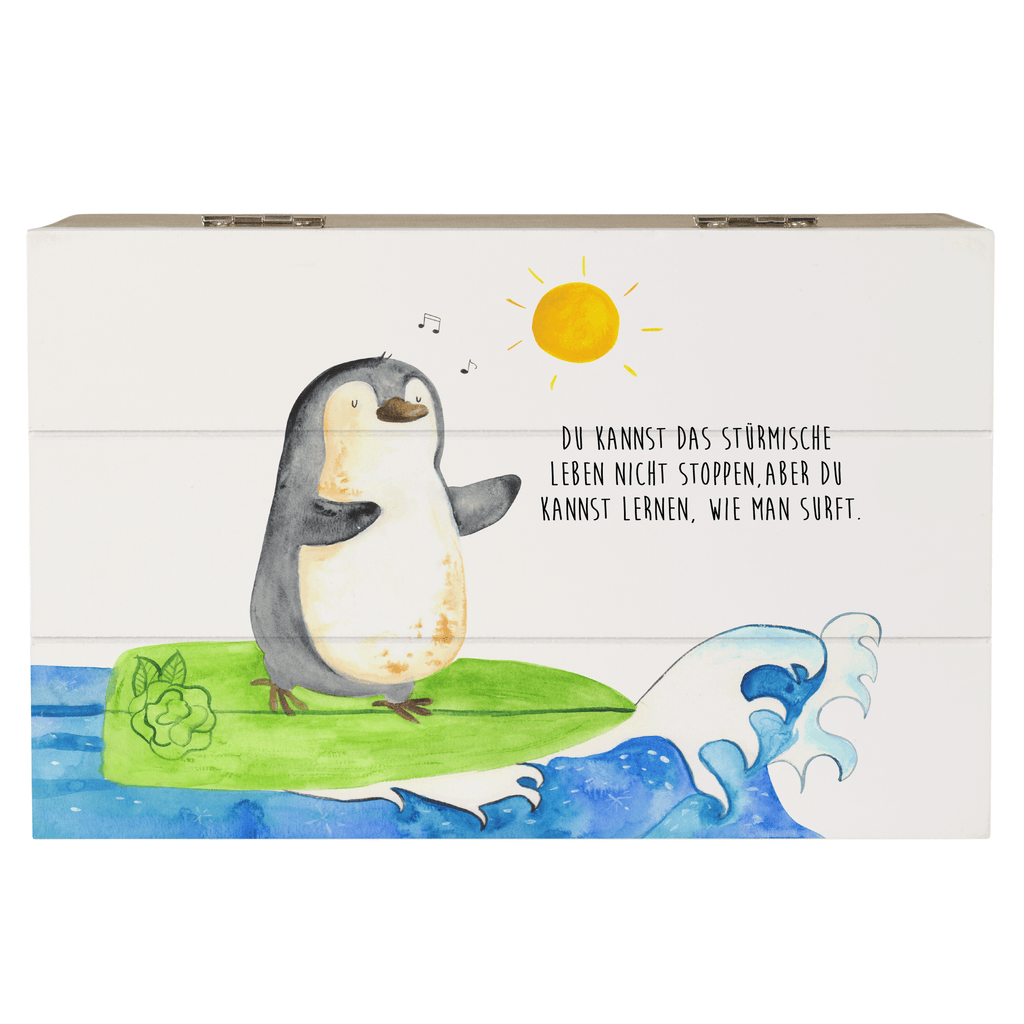 Holzkiste Pinguin Surfer Holzkiste, Kiste, Schatzkiste, Truhe, Schatulle, XXL, Erinnerungsbox, Erinnerungskiste, Dekokiste, Aufbewahrungsbox, Geschenkbox, Geschenkdose, Pinguin, Pinguine, surfen, Surfer, Hawaii, Urlaub, Wellen, Wellen reiten, Portugal