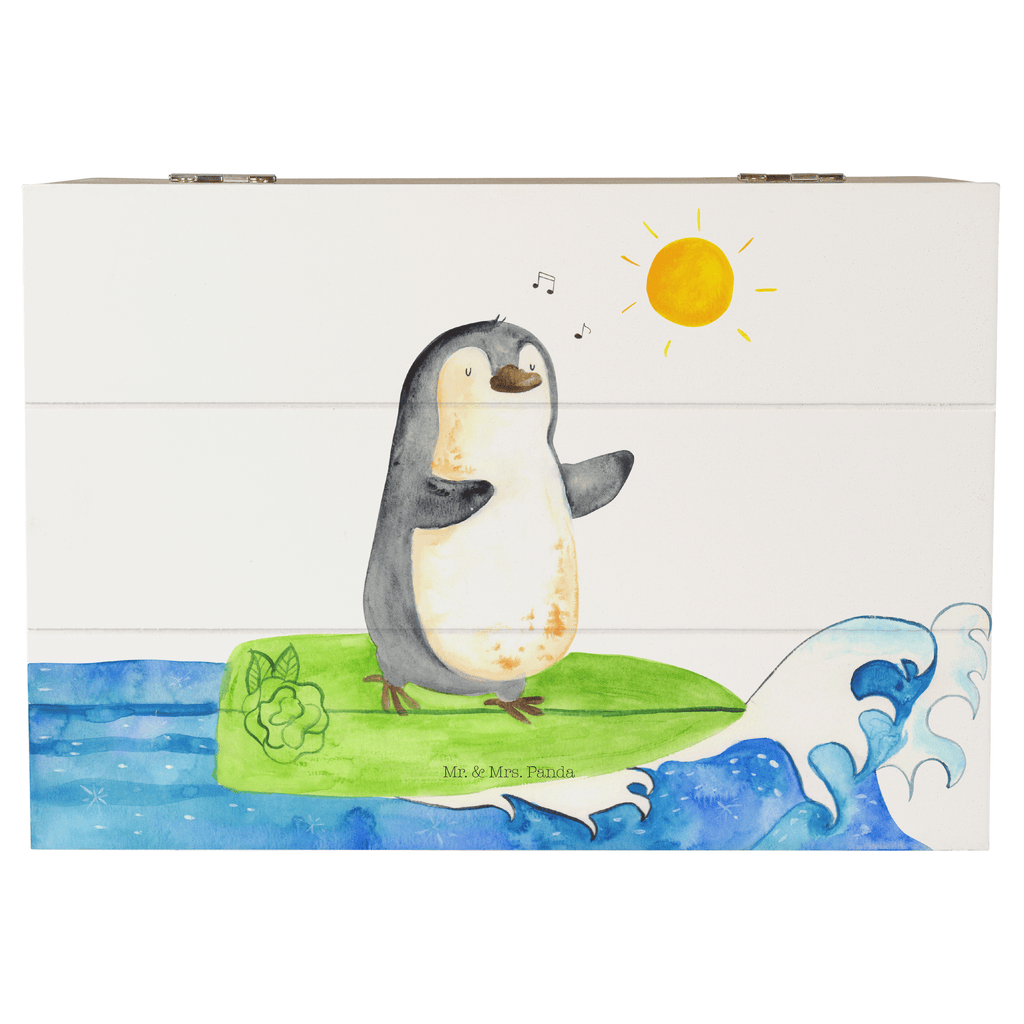 Holzkiste Pinguin Surfer Holzkiste, Kiste, Schatzkiste, Truhe, Schatulle, XXL, Erinnerungsbox, Erinnerungskiste, Dekokiste, Aufbewahrungsbox, Geschenkbox, Geschenkdose, Pinguin, Pinguine, surfen, Surfer, Hawaii, Urlaub, Wellen, Wellen reiten, Portugal