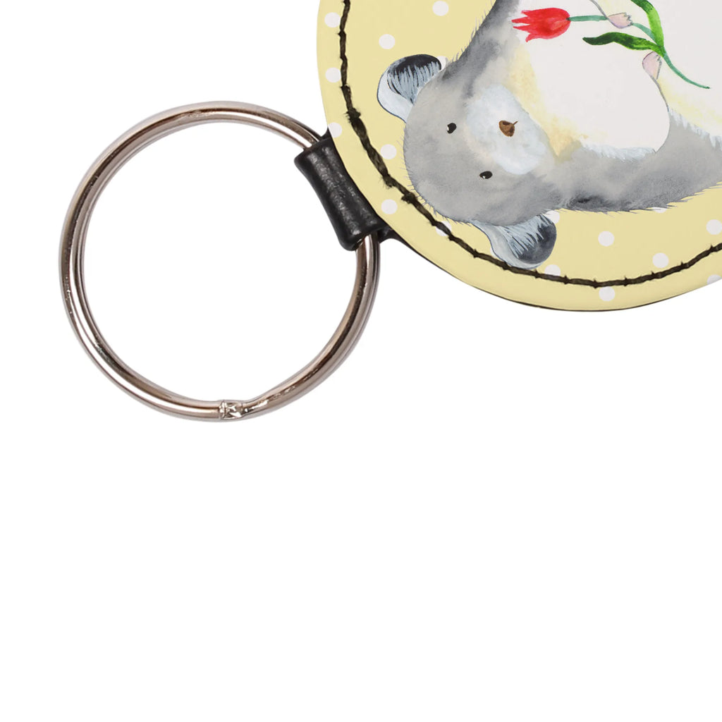 Rund Schlüsselanhänger Chinchilla mit Blume Schlüsselanhänger, Anhänger, Taschenanhänger, Glücksbringer, Schutzengel, Tiermotive, Gute Laune, lustige Sprüche, Tiere, Chinchilla, Chinchillas, Liebeskummer, Kummer, Depressionen, traurig sein, Chaos, Glücklichsein, Büro, Büroalltag