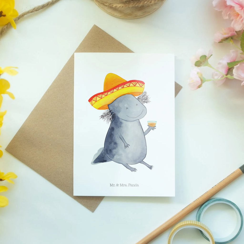 Grußkarte Axolotl Tequila Grußkarte, Klappkarte, Einladungskarte, Glückwunschkarte, Hochzeitskarte, Geburtstagskarte, Karte, Ansichtskarten, Axolotl, Molch, Mexico, Mexiko, Sombrero, Zitrone, Tequila, Motivation, Spruch, Schwanzlurch, Lurch, Lurche, Axolot, Feuerdrache, Feuersalamander