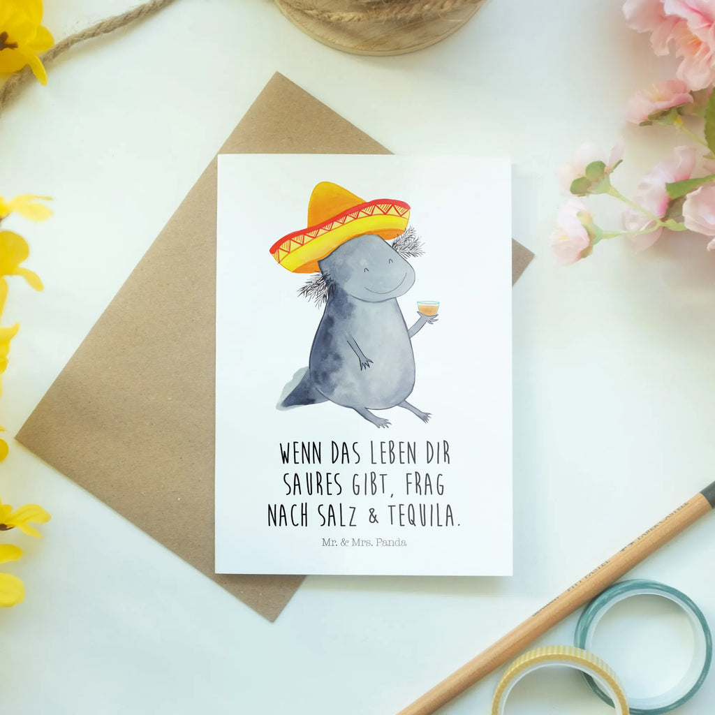 Grußkarte Axolotl Tequila Grußkarte, Klappkarte, Einladungskarte, Glückwunschkarte, Hochzeitskarte, Geburtstagskarte, Karte, Ansichtskarten, Axolotl, Molch, Mexico, Mexiko, Sombrero, Zitrone, Tequila, Motivation, Spruch, Schwanzlurch, Lurch, Lurche, Axolot, Feuerdrache, Feuersalamander