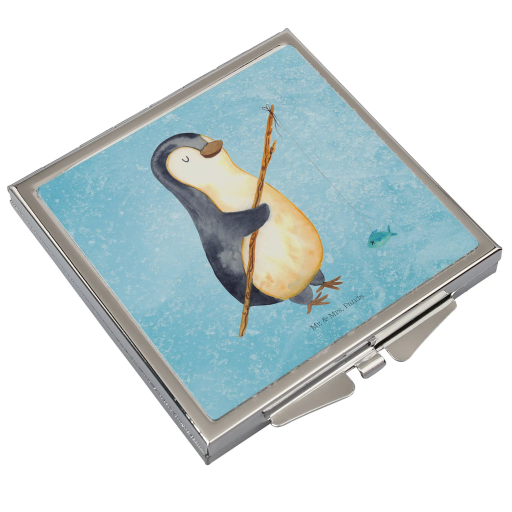 Handtaschenspiegel quadratisch Pinguin Angler Spiegel, Handtasche, Quadrat, silber, schminken, Schminkspiegel, Pinguin, Pinguine, Angeln, Angler, Tagträume, Hobby, Plan, Planer, Tagesplan, Neustart, Motivation, Geschenk, Freundinnen, Geschenkidee, Urlaub, Wochenende