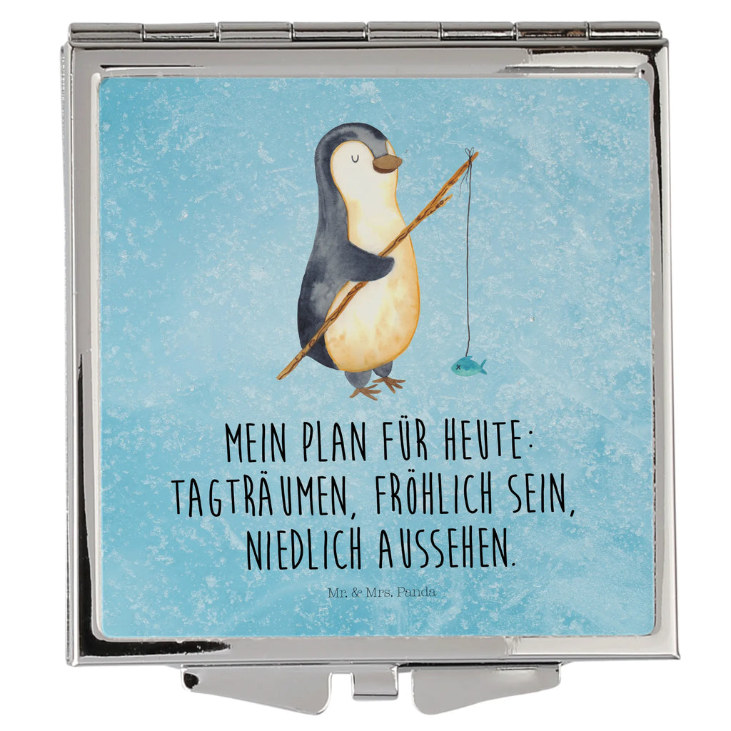 Handtaschenspiegel quadratisch Pinguin Angler Spiegel, Handtasche, Quadrat, silber, schminken, Schminkspiegel, Pinguin, Pinguine, Angeln, Angler, Tagträume, Hobby, Plan, Planer, Tagesplan, Neustart, Motivation, Geschenk, Freundinnen, Geschenkidee, Urlaub, Wochenende