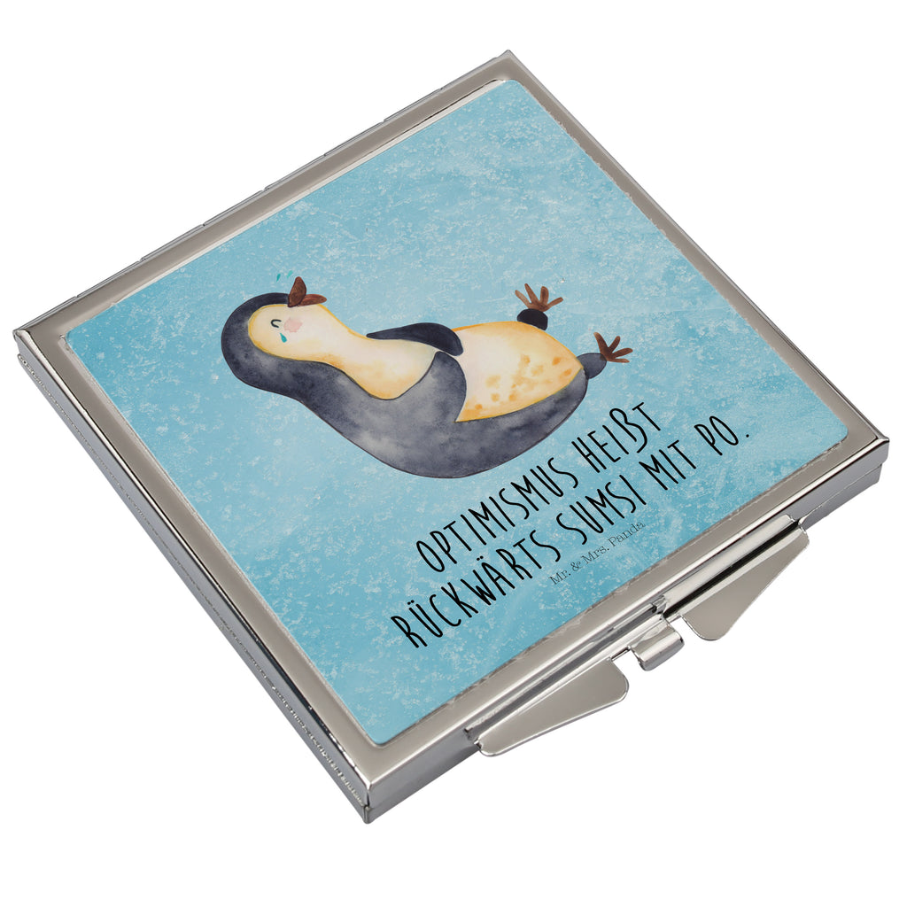 Handtaschenspiegel quadratisch Pinguin Lachen Spiegel, Handtasche, Quadrat, silber, schminken, Schminkspiegel, Pinguin, Pinguine, lustiger Spruch, Optimismus, Fröhlich, Lachen, Humor, Fröhlichkeit