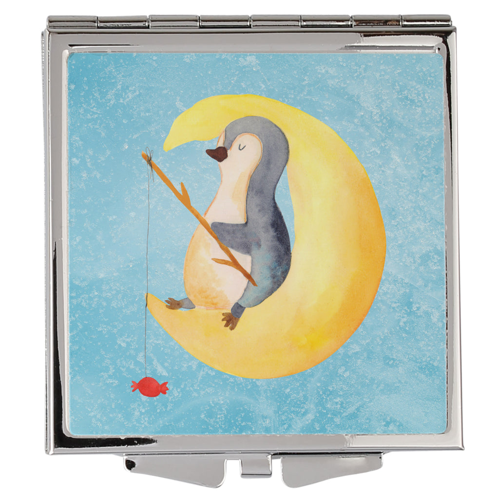 Handtaschenspiegel quadratisch Pinguin Mond Spiegel, Handtasche, Quadrat, silber, schminken, Schminkspiegel, Pinguin, Pinguine, Spruch, schlafen, Nachtruhe, Einschlafen, Schlafzimmer, Schlafstörungen, Gästezimmer