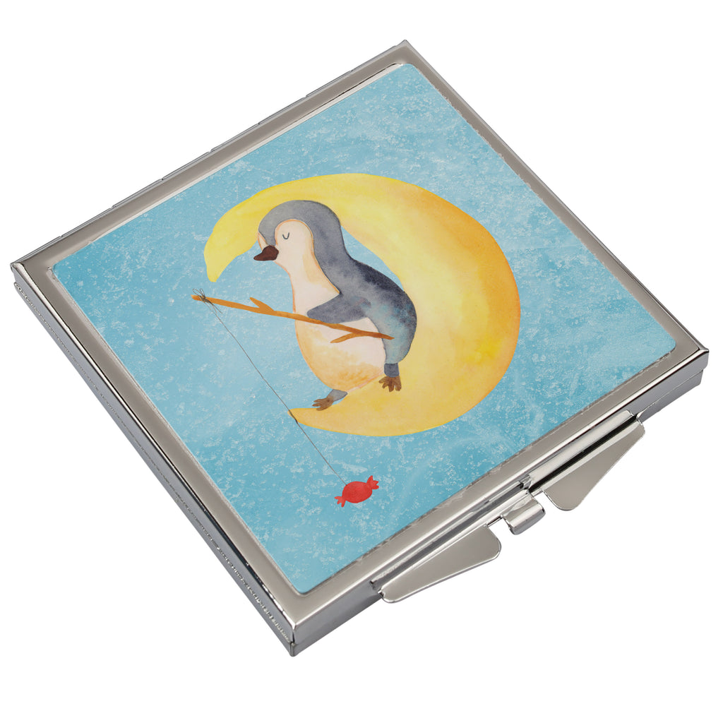 Handtaschenspiegel quadratisch Pinguin Mond Spiegel, Handtasche, Quadrat, silber, schminken, Schminkspiegel, Pinguin, Pinguine, Spruch, schlafen, Nachtruhe, Einschlafen, Schlafzimmer, Schlafstörungen, Gästezimmer