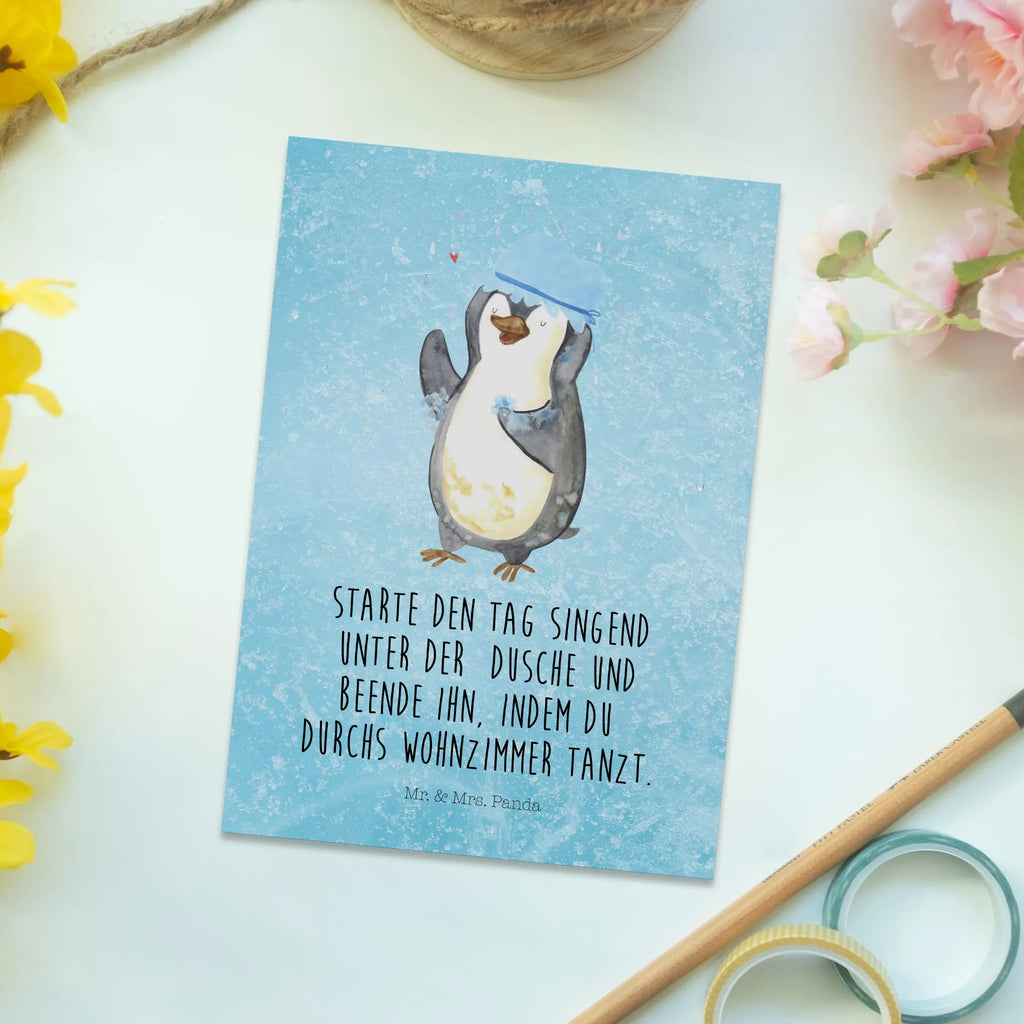 Postkarte Pinguin Duschen Postkarte, Karte, Geschenkkarte, Grußkarte, Einladung, Ansichtskarte, Geburtstagskarte, Einladungskarte, Dankeskarte, Ansichtskarten, Einladung Geburtstag, Einladungskarten Geburtstag, Pinguin, Pinguine, Dusche, duschen, Lebensmotto, Motivation, Neustart, Neuanfang, glücklich sein