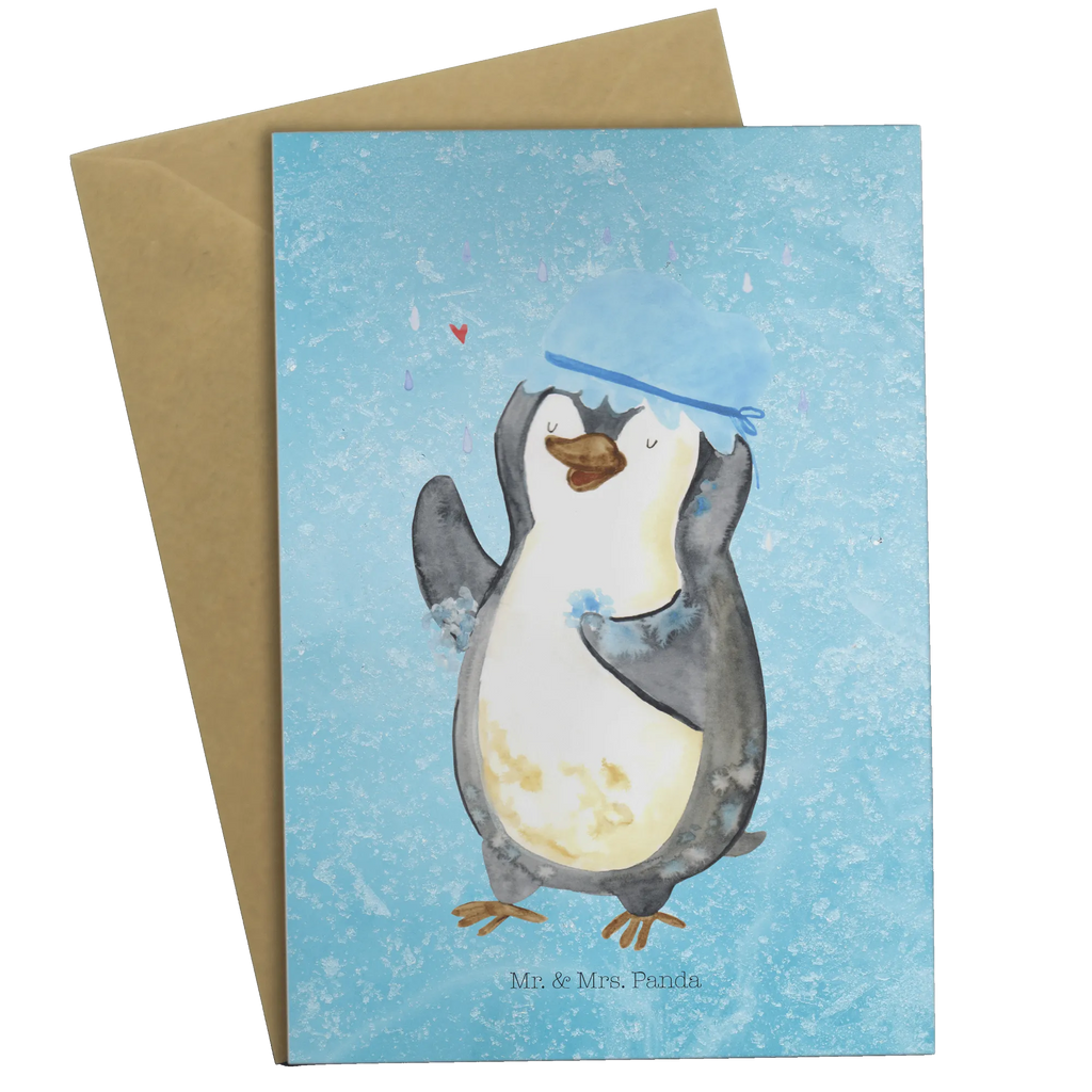 Grußkarte Pinguin Duschen Grußkarte, Klappkarte, Einladungskarte, Glückwunschkarte, Hochzeitskarte, Geburtstagskarte, Karte, Ansichtskarten, Pinguin, Pinguine, Dusche, duschen, Lebensmotto, Motivation, Neustart, Neuanfang, glücklich sein