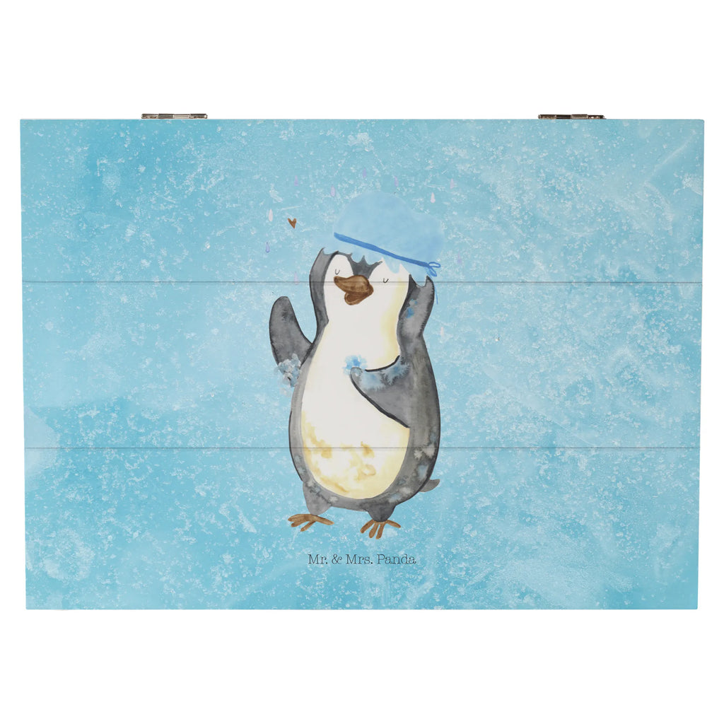 Holzkiste Pinguin Duschen Holzkiste, Kiste, Schatzkiste, Truhe, Schatulle, XXL, Erinnerungsbox, Erinnerungskiste, Dekokiste, Aufbewahrungsbox, Geschenkbox, Geschenkdose, Pinguin, Pinguine, Dusche, duschen, Lebensmotto, Motivation, Neustart, Neuanfang, glücklich sein