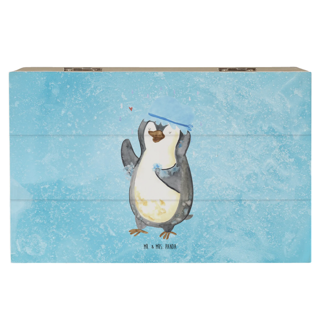 Holzkiste Pinguin Duschen Holzkiste, Kiste, Schatzkiste, Truhe, Schatulle, XXL, Erinnerungsbox, Erinnerungskiste, Dekokiste, Aufbewahrungsbox, Geschenkbox, Geschenkdose, Pinguin, Pinguine, Dusche, duschen, Lebensmotto, Motivation, Neustart, Neuanfang, glücklich sein