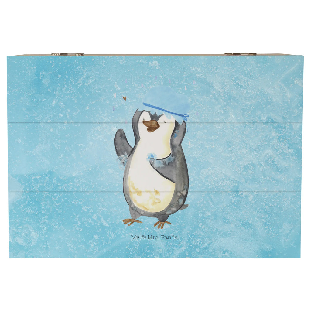 Holzkiste Pinguin Duschen Holzkiste, Kiste, Schatzkiste, Truhe, Schatulle, XXL, Erinnerungsbox, Erinnerungskiste, Dekokiste, Aufbewahrungsbox, Geschenkbox, Geschenkdose, Pinguin, Pinguine, Dusche, duschen, Lebensmotto, Motivation, Neustart, Neuanfang, glücklich sein