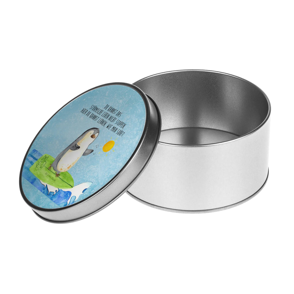 Blechdose rund Pinguin Surfer Metalldose, Keksdose, Dose, Vorratsdose, Geschenkbox, Lunchbox, Aufbewahrungsbox, Vorratsdosen, Metallkiste, Metallbox, Metallboxen, Aufbewahrungskiste, Geschenkkiste, Blechdosen mit Deckel, Metallkiste mit Deckel, Vorratsdosen mit Deckel, Metall Dose, Pinguin, Pinguine, surfen, Surfer, Hawaii, Urlaub, Wellen, Wellen reiten, Portugal