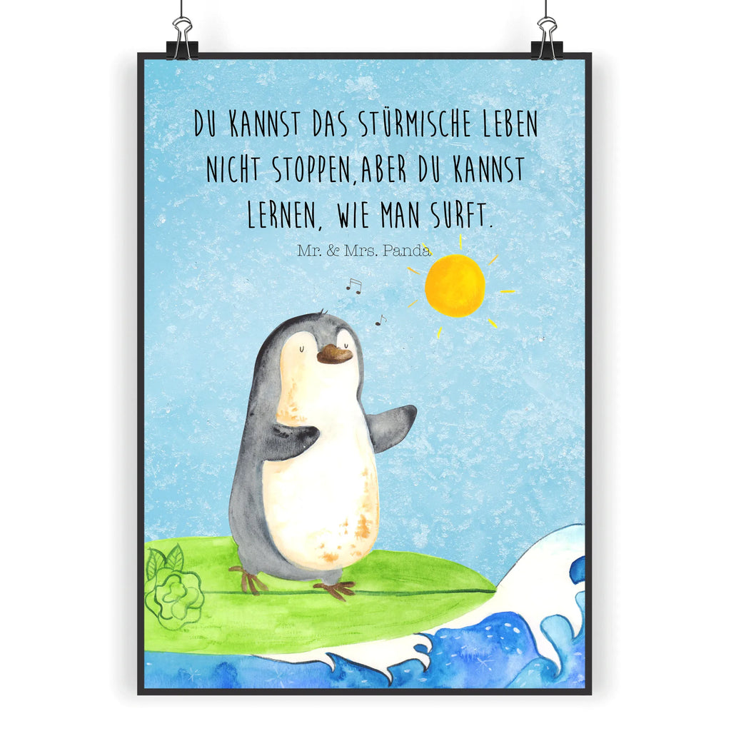 Poster Pinguin Surfer Poster, Wandposter, Bild, Wanddeko, Küchenposter, Kinderposter, Wanddeko Bild, Raumdekoration, Wanddekoration, Handgemaltes Poster, Mr. & Mrs. Panda Poster, Designposter, Kunstdruck, Posterdruck, Pinguin, Pinguine, surfen, Surfer, Hawaii, Urlaub, Wellen, Wellen reiten, Portugal