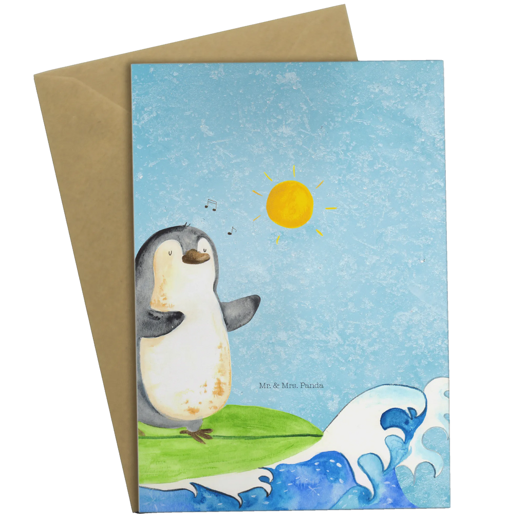 Grußkarte Pinguin Surfer Grußkarte, Klappkarte, Einladungskarte, Glückwunschkarte, Hochzeitskarte, Geburtstagskarte, Karte, Ansichtskarten, Pinguin, Pinguine, surfen, Surfer, Hawaii, Urlaub, Wellen, Wellen reiten, Portugal