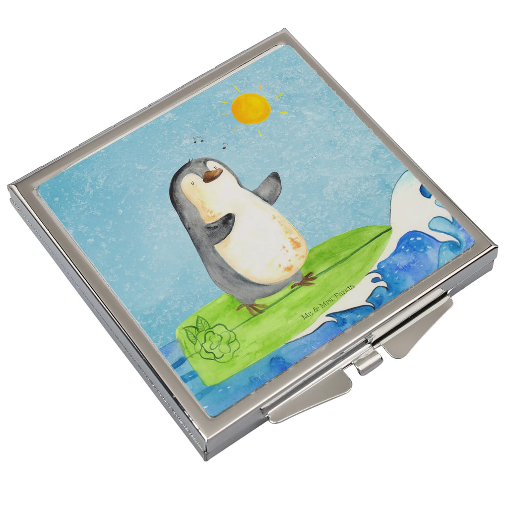 Handtaschenspiegel quadratisch Pinguin Surfer Spiegel, Handtasche, Quadrat, silber, schminken, Schminkspiegel, Pinguin, Pinguine, surfen, Surfer, Hawaii, Urlaub, Wellen, Wellen reiten, Portugal