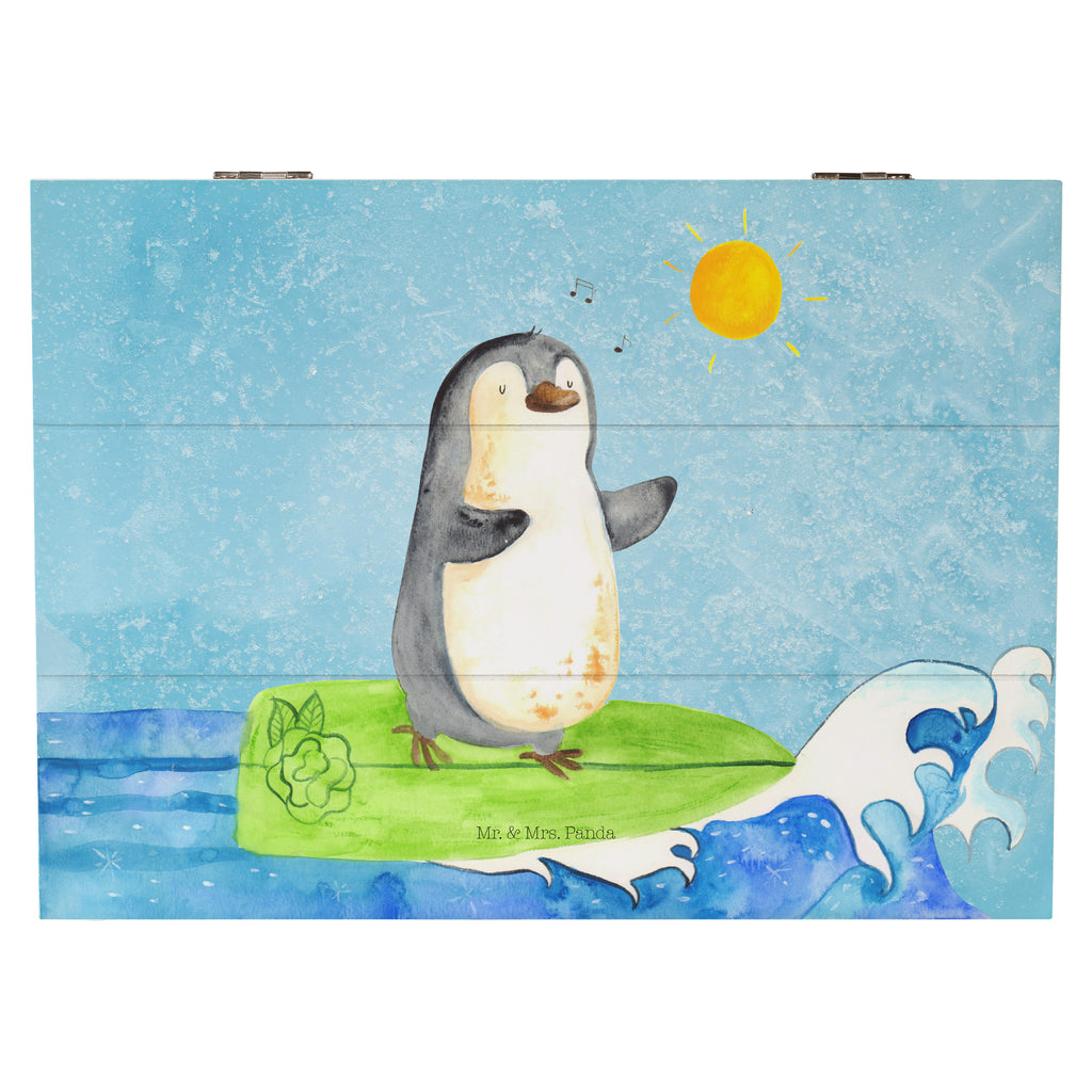 Holzkiste Pinguin Surfer Holzkiste, Kiste, Schatzkiste, Truhe, Schatulle, XXL, Erinnerungsbox, Erinnerungskiste, Dekokiste, Aufbewahrungsbox, Geschenkbox, Geschenkdose, Pinguin, Pinguine, surfen, Surfer, Hawaii, Urlaub, Wellen, Wellen reiten, Portugal