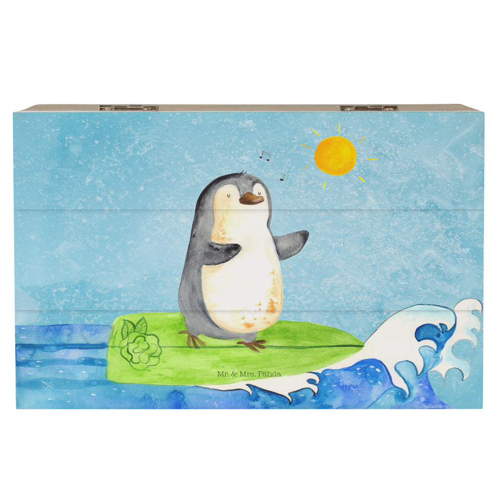 Holzkiste Pinguin Surfer Holzkiste, Kiste, Schatzkiste, Truhe, Schatulle, XXL, Erinnerungsbox, Erinnerungskiste, Dekokiste, Aufbewahrungsbox, Geschenkbox, Geschenkdose, Pinguin, Pinguine, surfen, Surfer, Hawaii, Urlaub, Wellen, Wellen reiten, Portugal